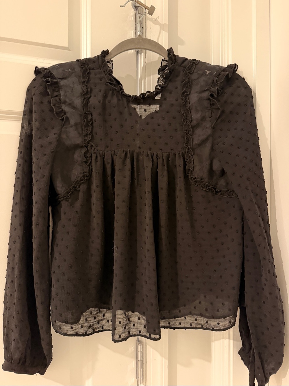 Zara Black Swiss Dot Ruffle Peasant Blouse